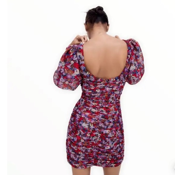 ZARA Women’s Floral Gold Metallic Stripe Draped Ruched Dress Size Small - Picture 4 of 9